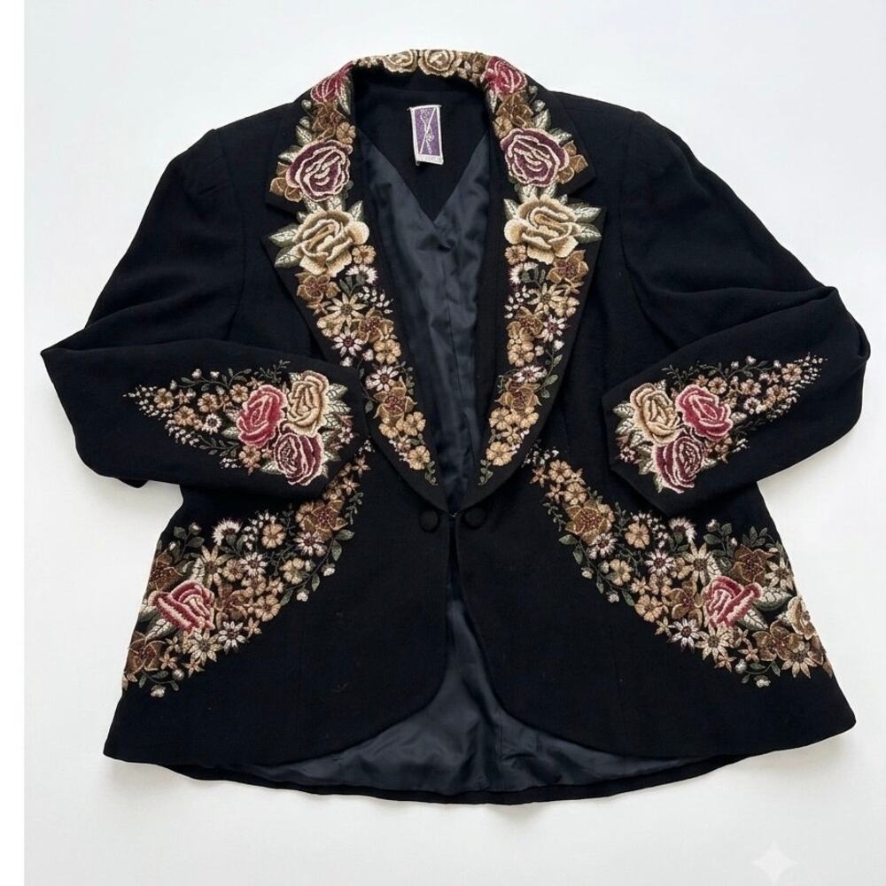 Vintage Zelda Black Floral Embroidered Beaded Blazer Jacket 18 Whimsigoth Goth